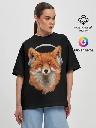 Женская футболка оверсайз / Лиса в наушниках