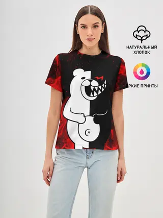 Женская базовая футболка / MONOKUMA В ПЛАМЕНИ / МОНОКУМА