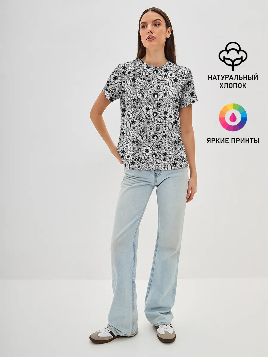 Женская базовая футболка / Черное кружево цветочное