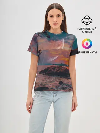 Женская базовая футболка / закат на качелях