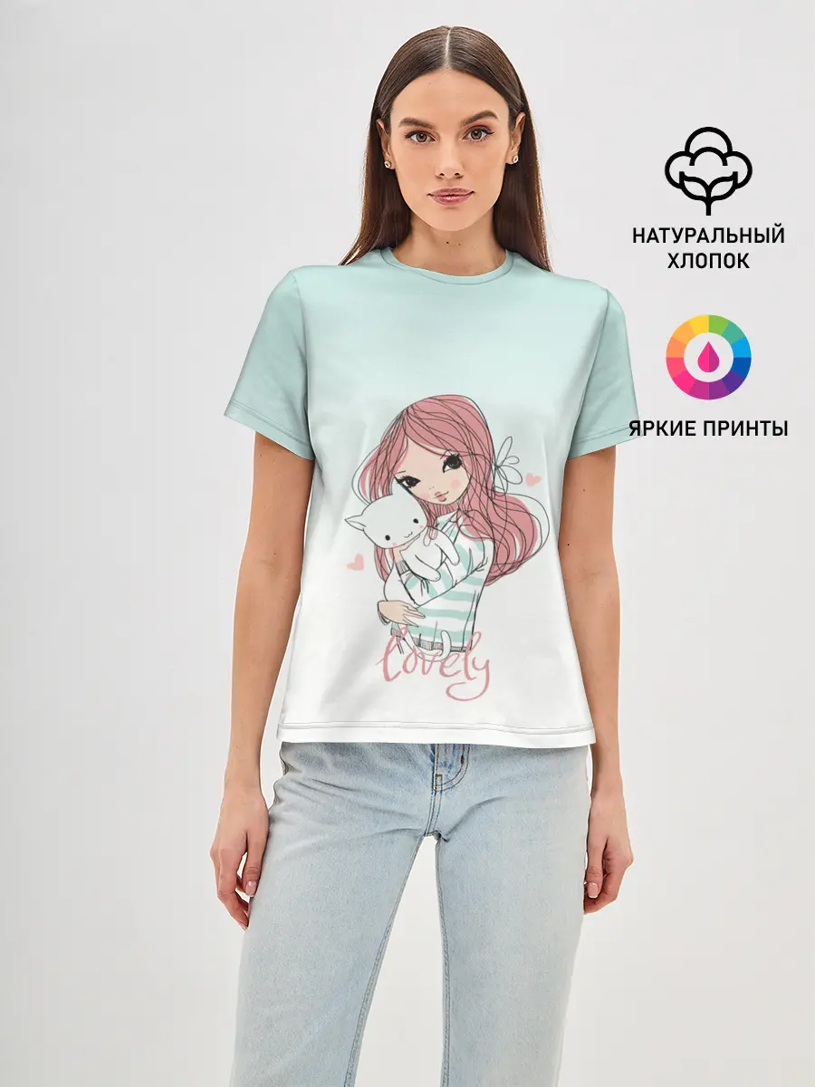 Женская базовая футболка / Девочка и любимый кот арт