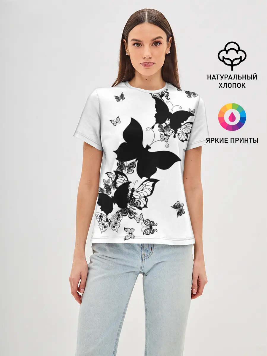 Женская базовая футболка / Черные бабочки на белом