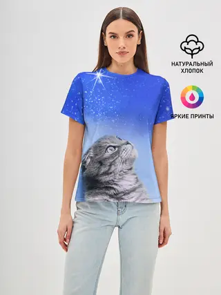 Женская базовая футболка / Кот и космос