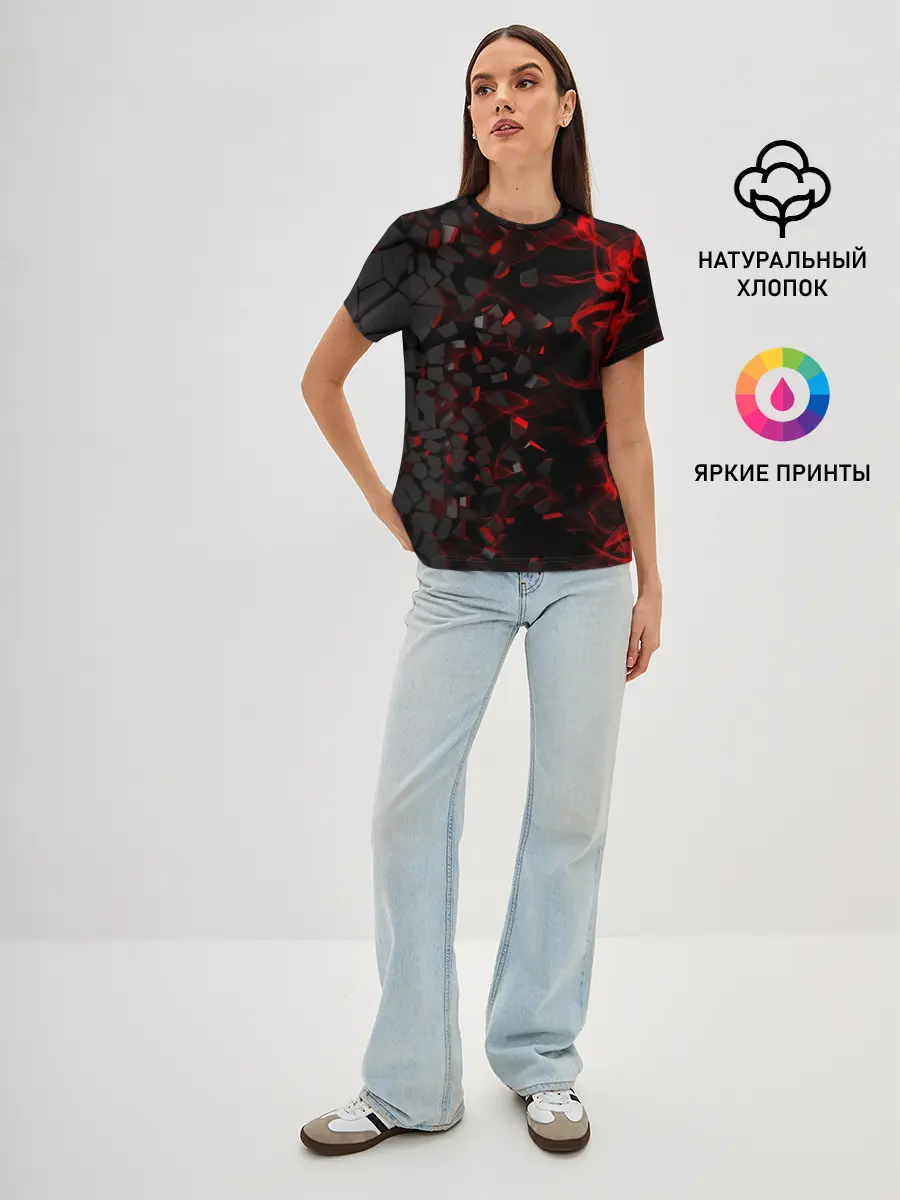 Женская базовая футболка / 3Д Разлом | 3D Плиты и огонь