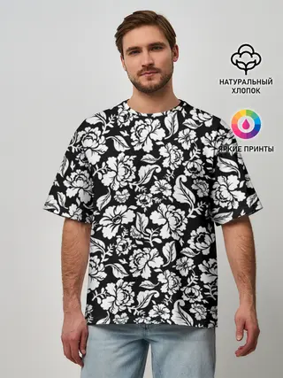 Мужская футболка оверсайз / White flowers