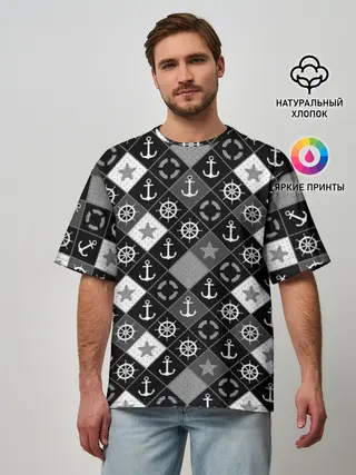Мужская футболка оверсайз / Черно-белый морской плед