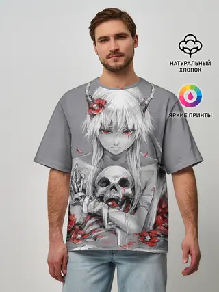 Мужская футболка оверсайз / Девушка с черепом