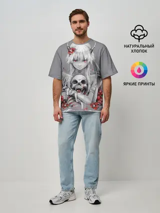 Мужская футболка оверсайз / Девушка с черепом