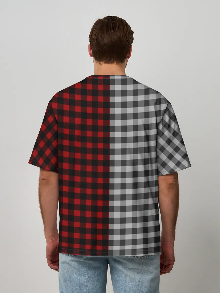 Мужская футболка оверсайз / Красно белая рубашка в клетку