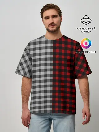 Мужская футболка оверсайз / Красно белая рубашка в клетку