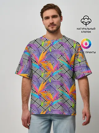 Мужская футболка оверсайз / Тропические цветы и узоры