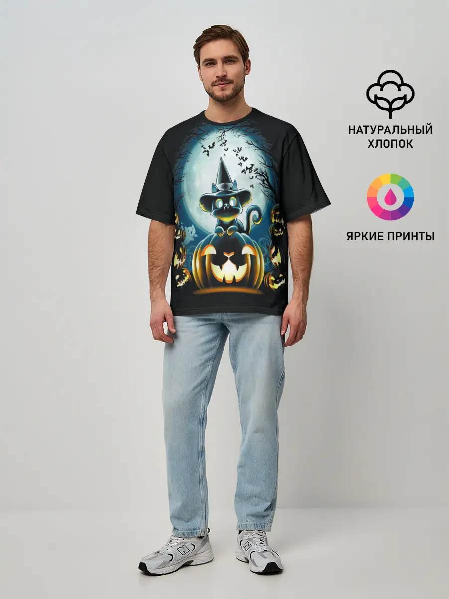 Мужская футболка оверсайз / Хэллоуин Кот