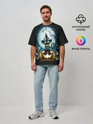 Мужская футболка оверсайз / Хэллоуин Кот