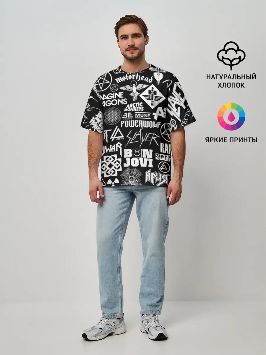 Мужская футболка оверсайз / ЛОГОТИПЫ РОК ГРУПП