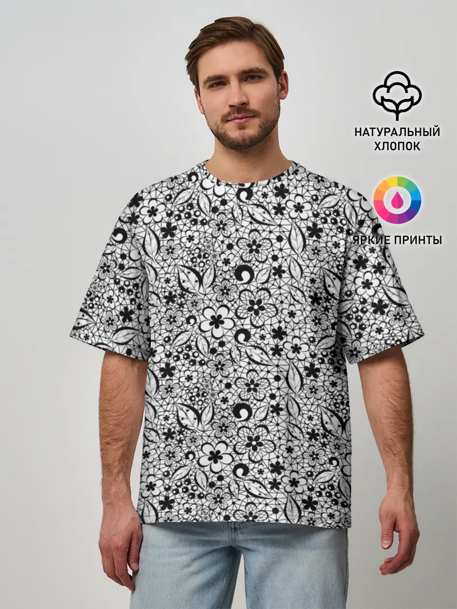 Мужская футболка оверсайз / Черное кружево цветочное