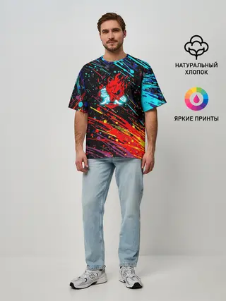 Мужская футболка оверсайз / Cyberpunk 2077 Цветные брызги.