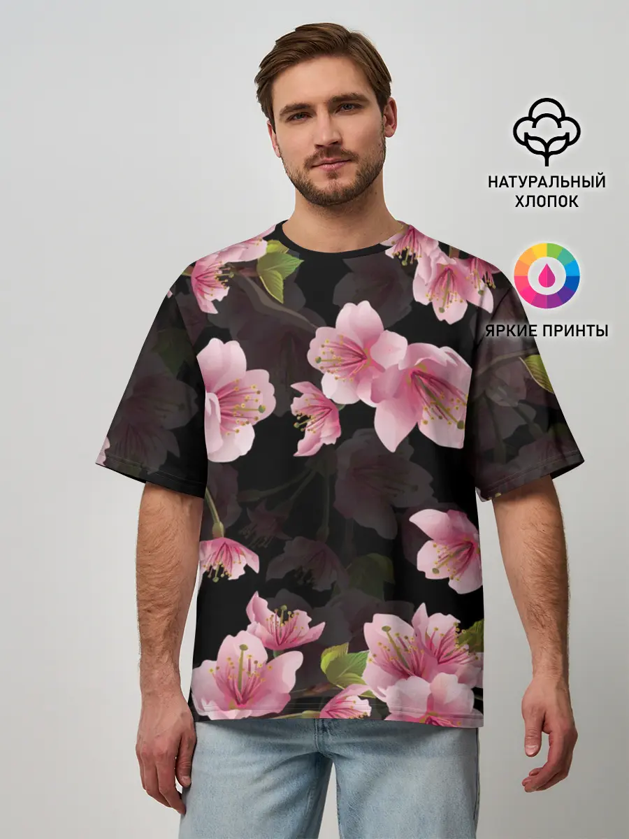 Мужская футболка оверсайз / САКУРА ВИШНЯ
