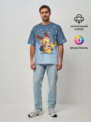 Мужская футболка оверсайз / Новогодний Пикачу