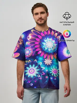 Мужская футболка оверсайз / Неоновые Цветы