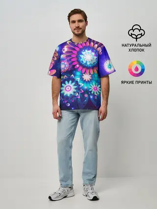 Мужская футболка оверсайз / Неоновые Цветы