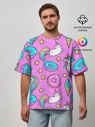 Мужская футболка оверсайз / Единороги с пончиками