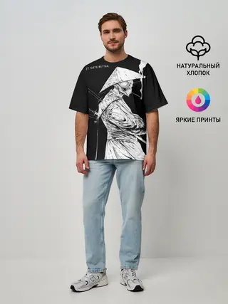 Мужская футболка оверсайз / Самурай скелет с трубкой