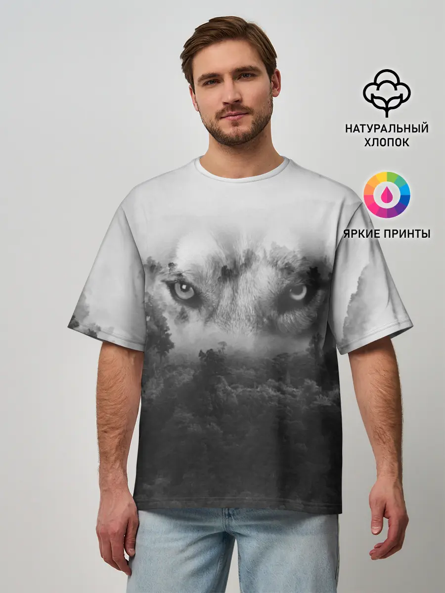 Мужская футболка оверсайз / Волк в лесу