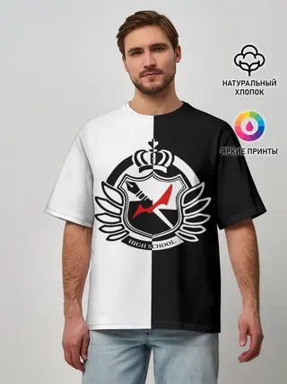 Мужская футболка оверсайз / MONOKUMA SCHOOL с фоном