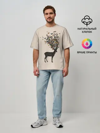Мужская футболка оверсайз / Олени с рогами из бабочек