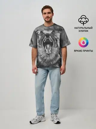 Мужская футболка оверсайз / Волчья пасть, зевает