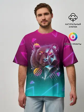 Мужская футболка оверсайз / RETRO CYBER BEAR NEON