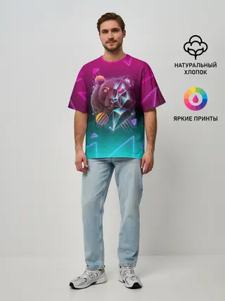 Мужская футболка оверсайз / RETRO CYBER BEAR NEON