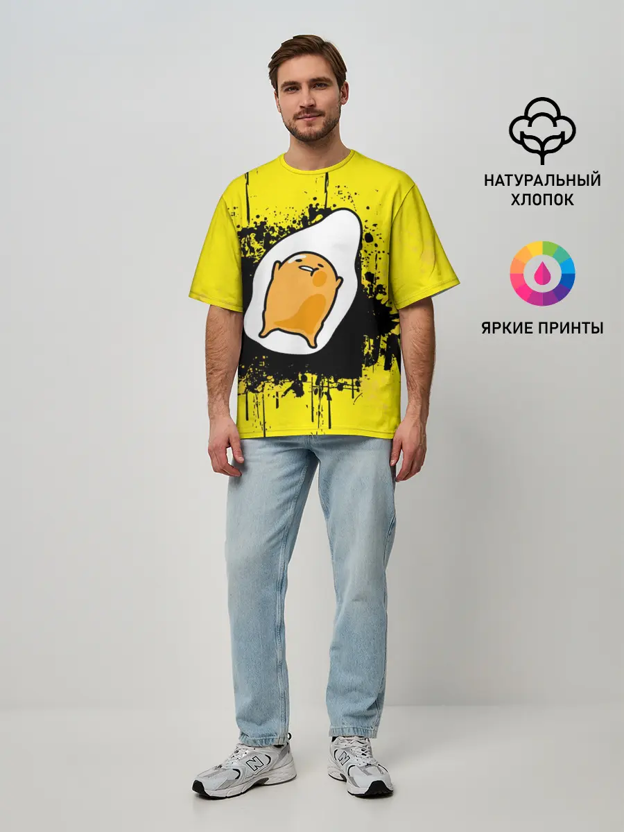 Мужская футболка оверсайз / веселое яйцо на черном фоне