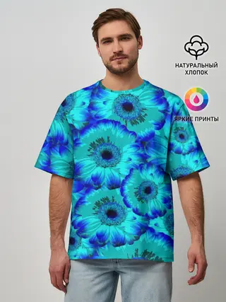 Мужская футболка оверсайз / Голубые хризантемы