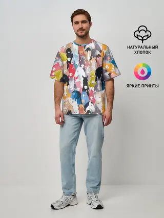 Мужская футболка оверсайз / цветные лошади