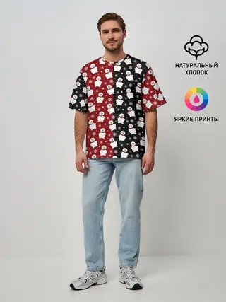 Мужская футболка оверсайз / Снеговики, снежинки и снег