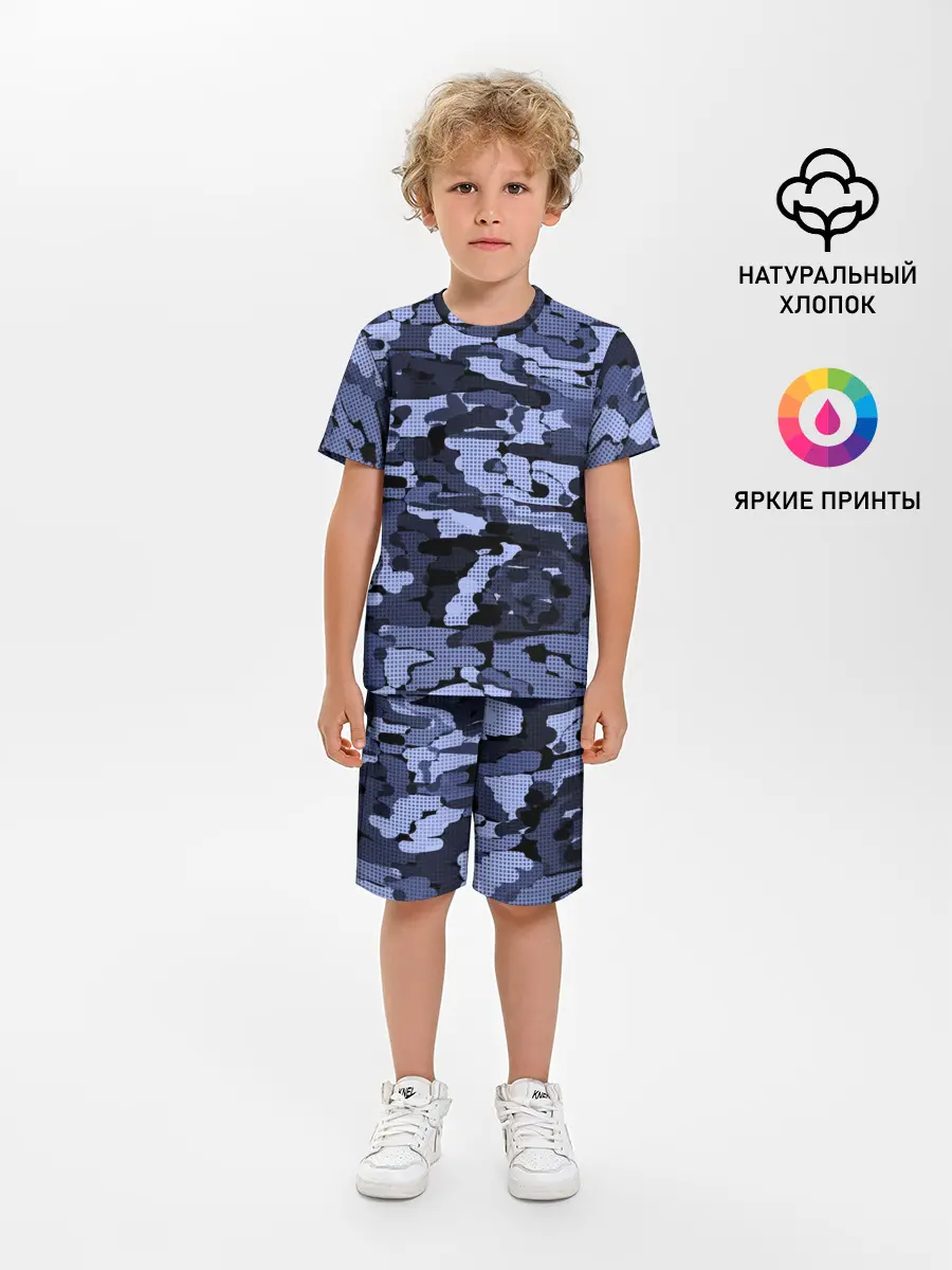 Детская пижама с шортами / Синий камуфляж в клетку