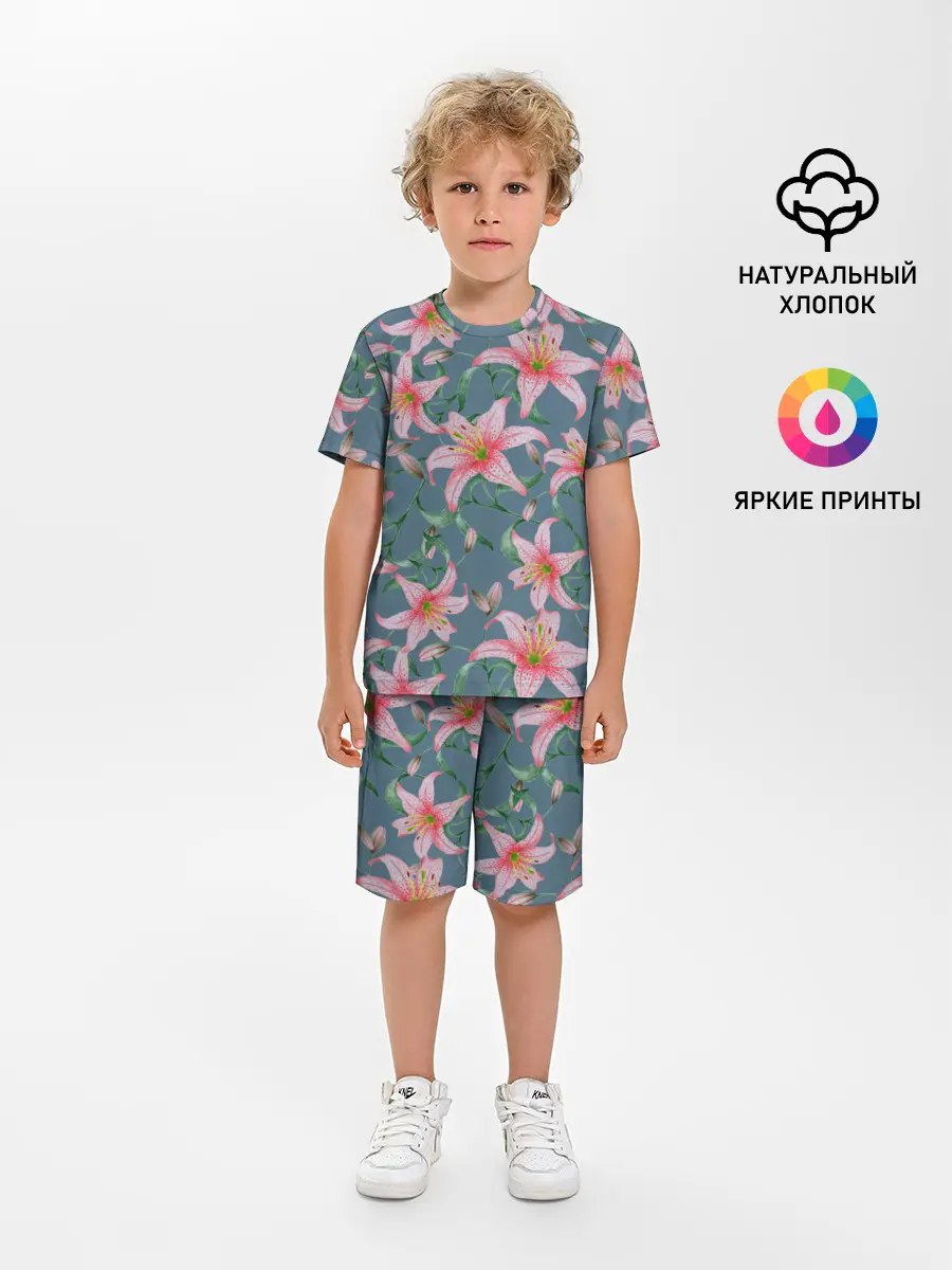 Детская пижама с шортами / Лилии на сером фоне