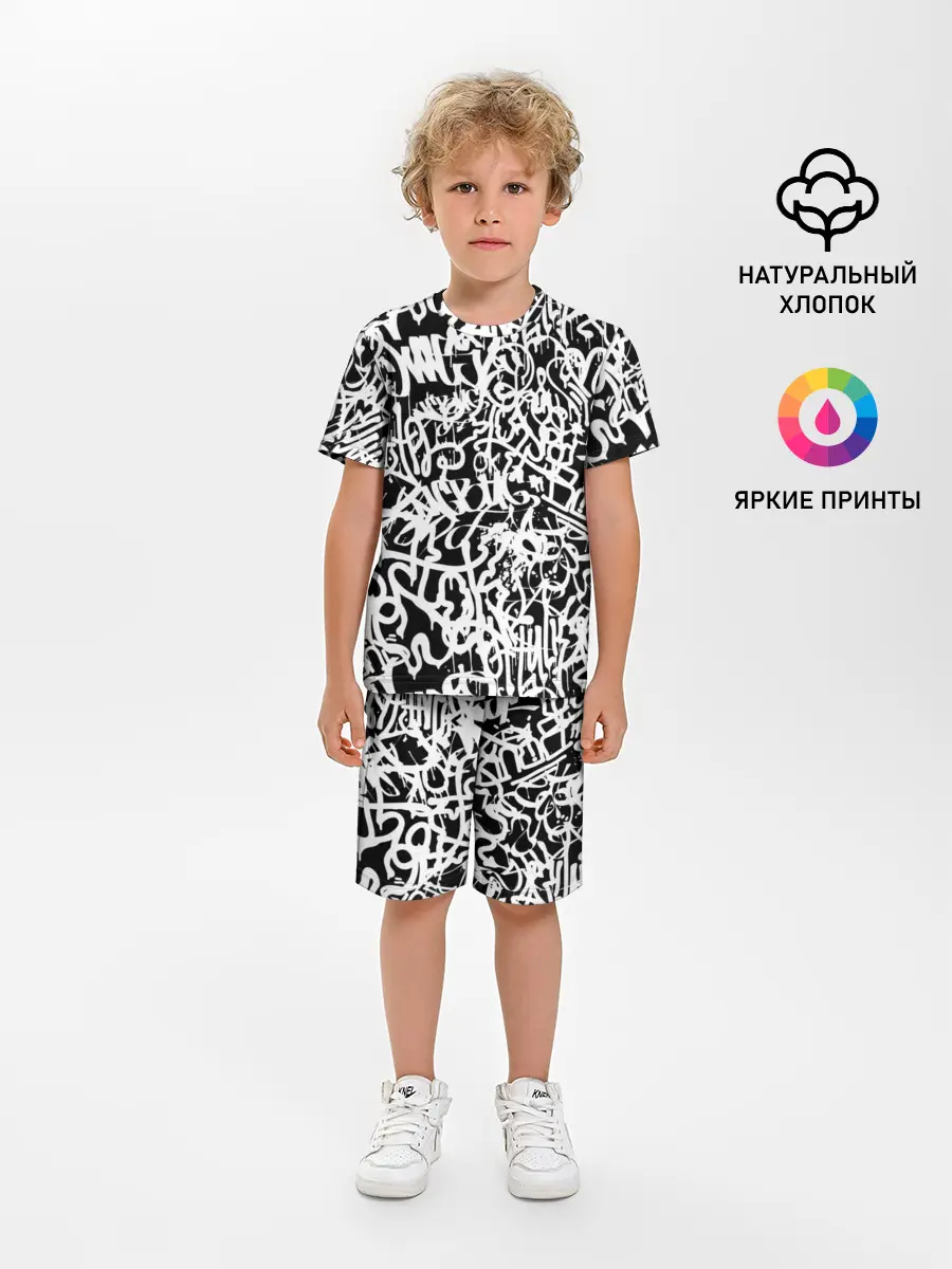 Детская пижама с шортами / Graffiti white on black