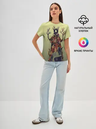 Женская базовая футболка / лесной волшебник акварель