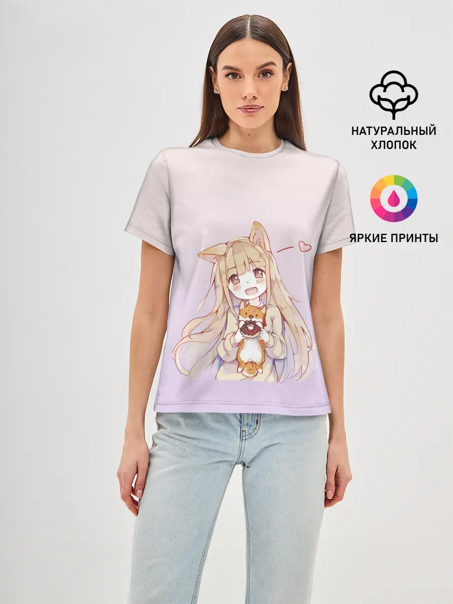 Женская базовая футболка / малышка чиби пончик лис