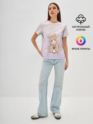 Женская базовая футболка / малышка чиби пончик лис