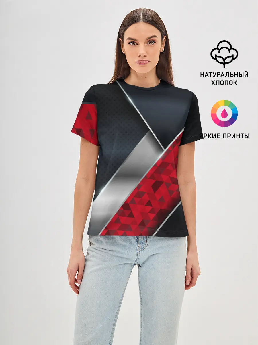 Женская базовая футболка / 3D BLACK AND RED METAL