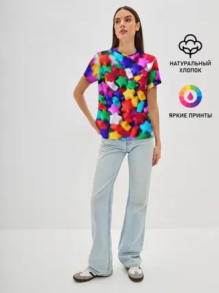 Женская базовая футболка / Разноцветные звездочки звезды