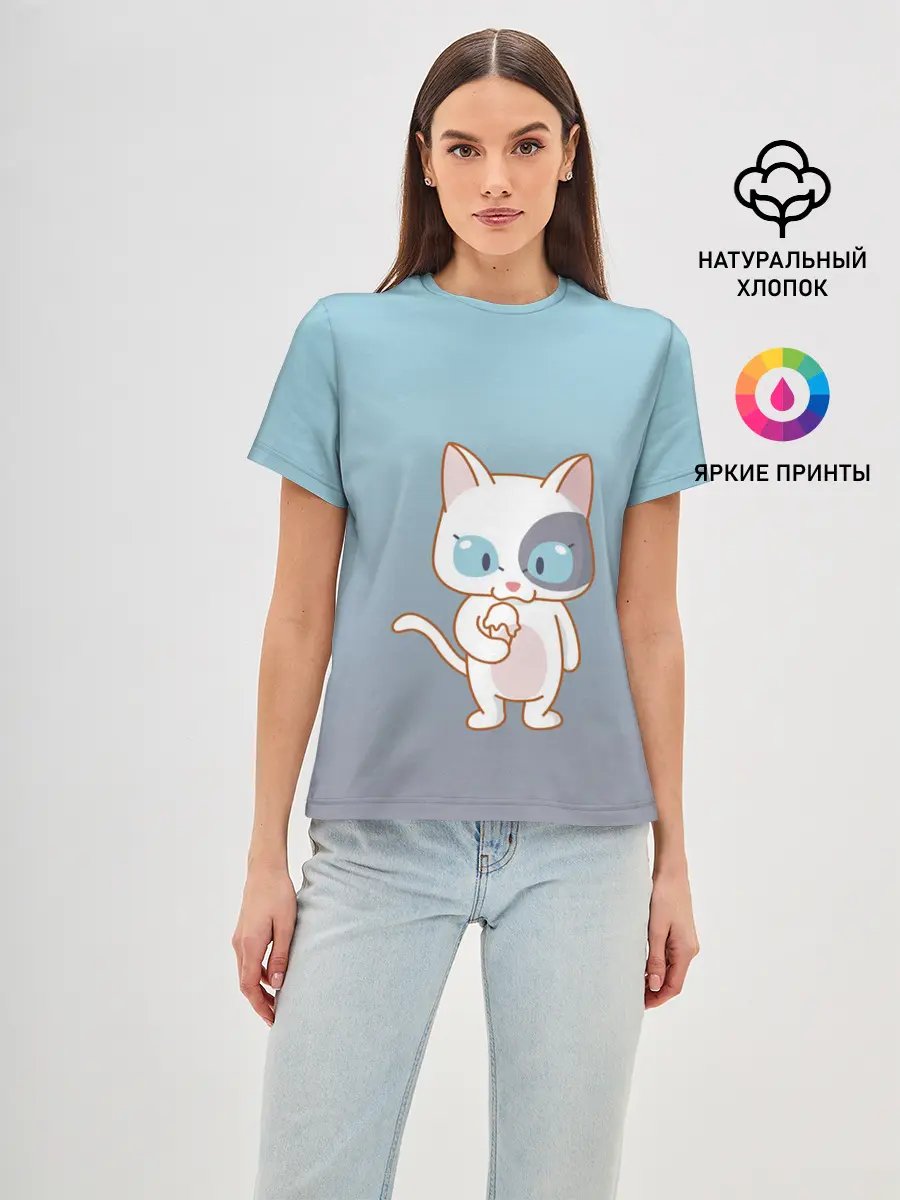 Женская базовая футболка / кот с мороженкой