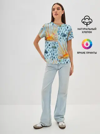 Женская базовая футболка / Осенний паттерн: Дождь и солнце