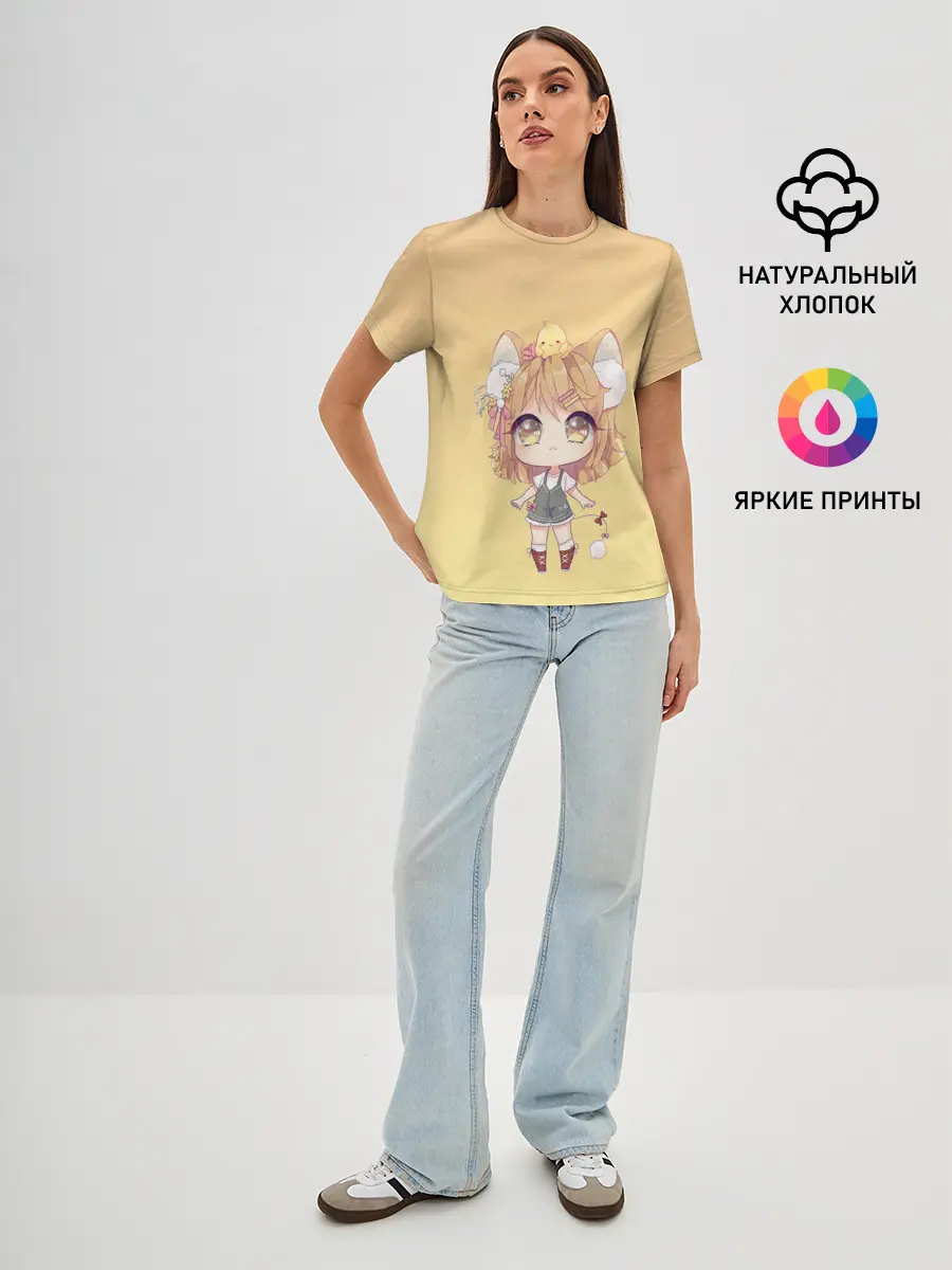 Женская базовая футболка / малышка чиби и цыпленок
