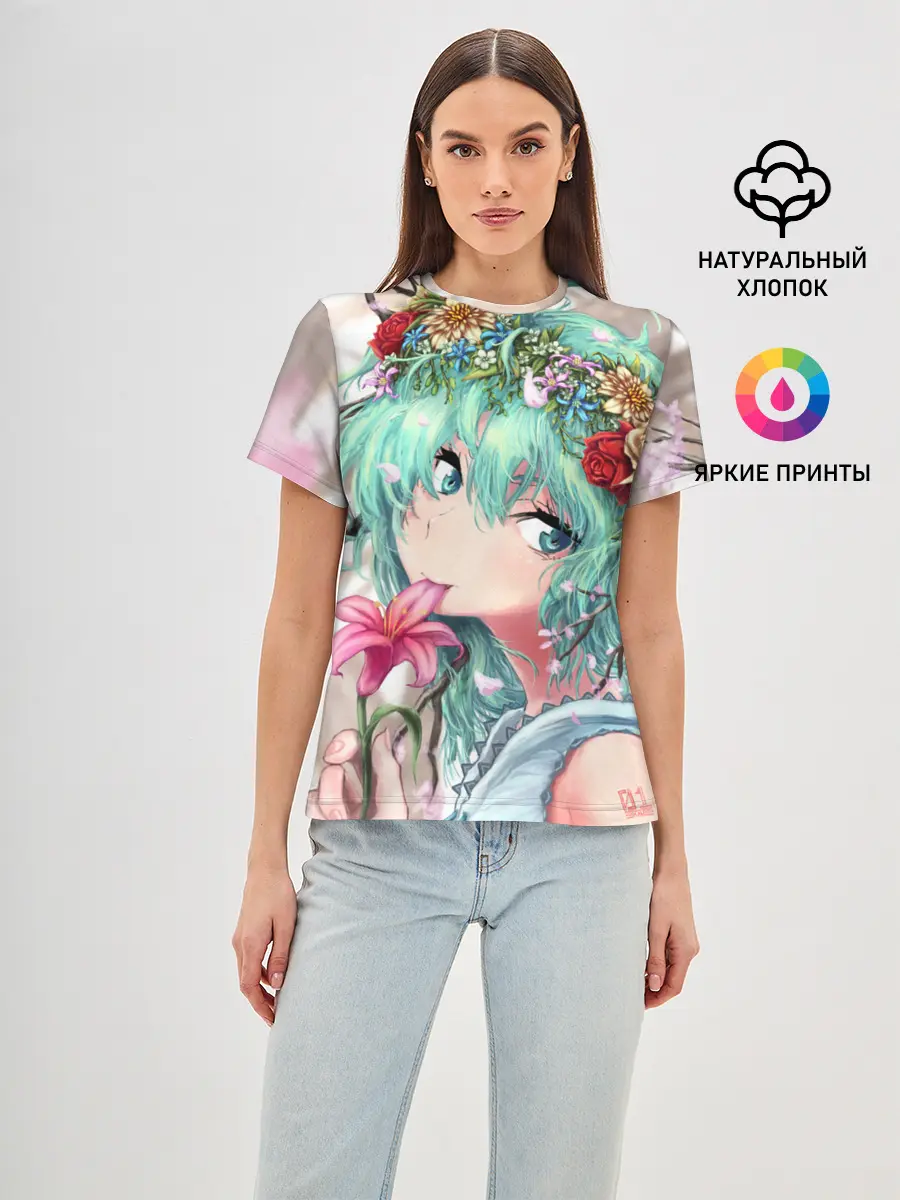 Женская базовая футболка / Цветок и Хацуне Мику