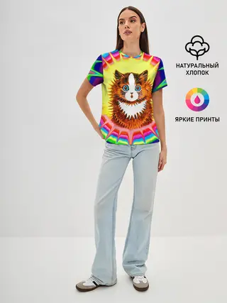Женская базовая футболка / Psychedelic Rainbow Cat