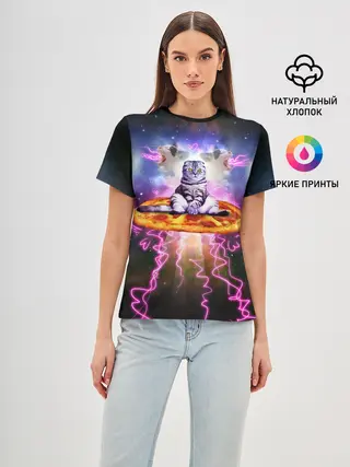 Женская базовая футболка / Кот на пицце